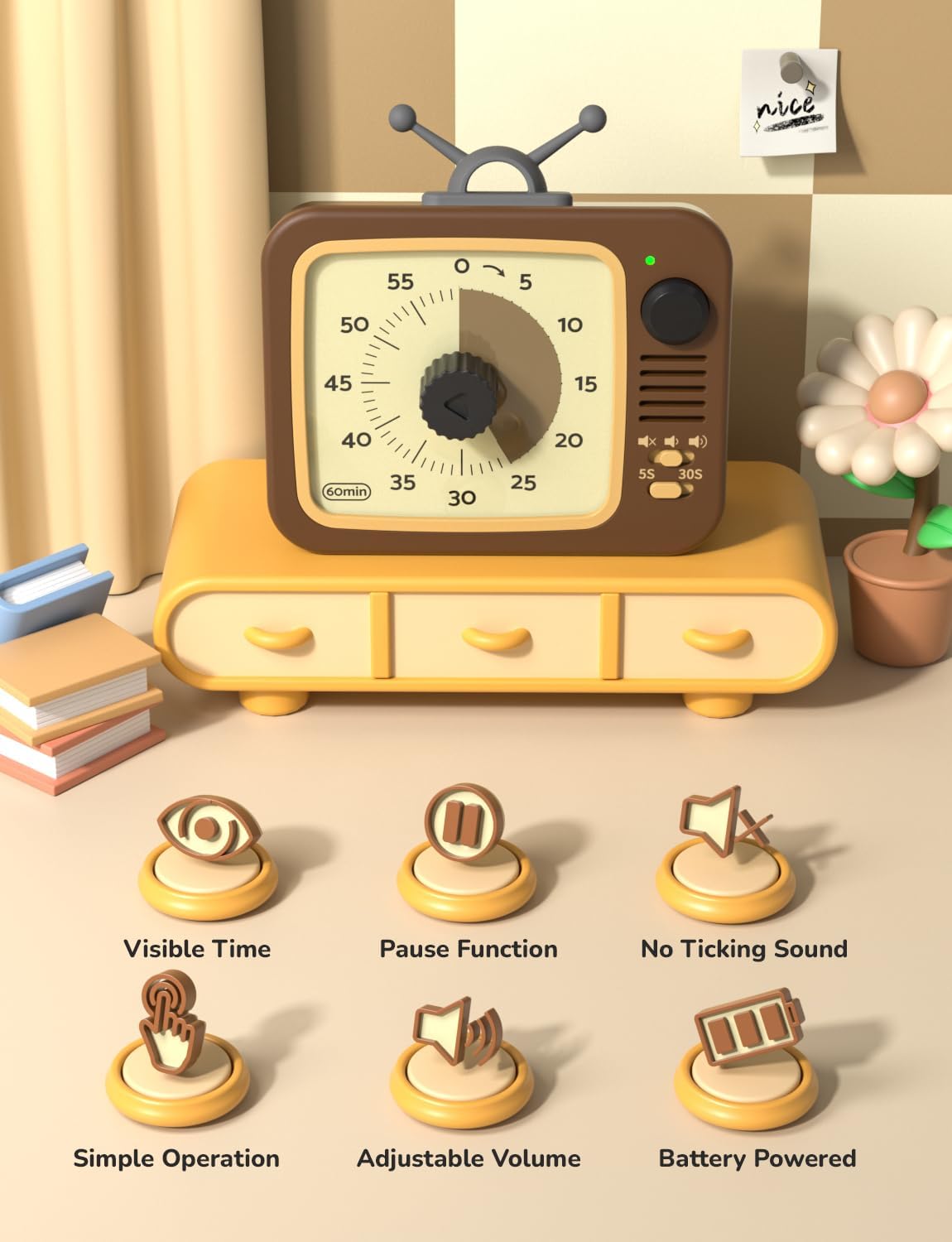 LIORQUE Visual Timer for Kids, 60-Minute Countdown Timers for Classroom Office Kitchen with Silent Operation, Kids Timer for Teaching with Cute Design