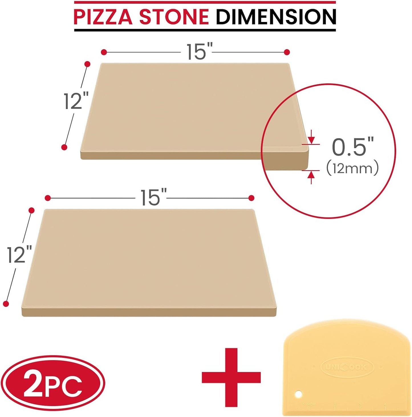 Unicook 2 PCS Pizza Stones Set, 15 x 12 Inch Rectangular Pizza Stone for Oven and Grill, Large Cordierite Cooking Pan for Baking and Grilling, Thermal Shock Resistant, Including Dough Scraper
