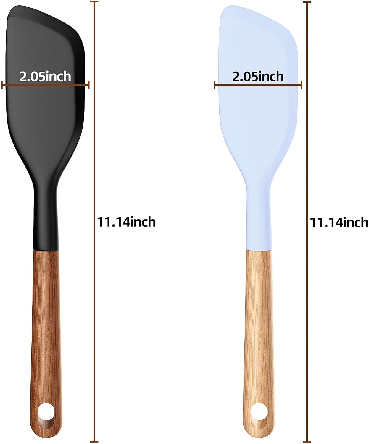 Wooden Handle Silicone Rubber Spatula Set for Kitchen Baking, Cooking, and Mixing High Heat Resistant Non Stick Dishwasher Safe BPA-Free Black+blue Set of 2 (Wooden handle spatula-Two-color)