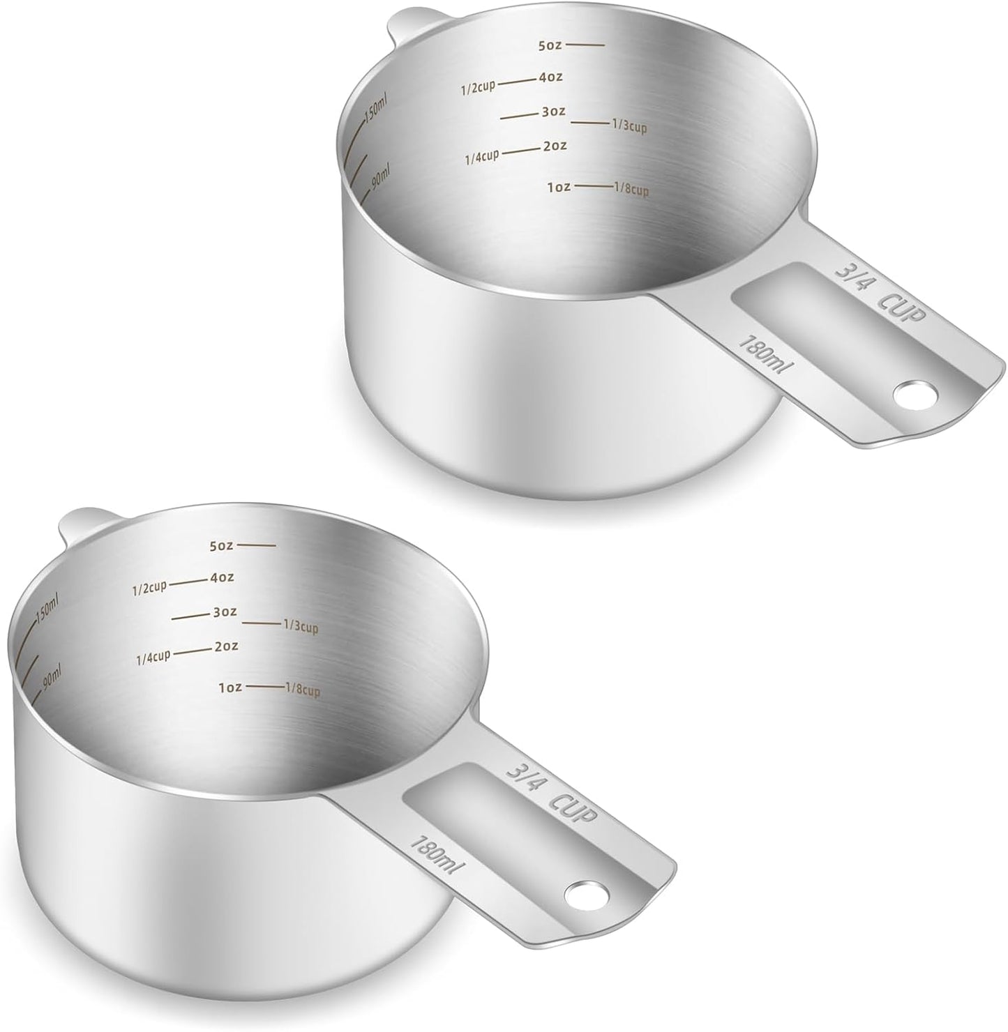 2PCS 3/4Cup (180ml, 6oz) Single Measuring Cup, Etched Inner Scale Stainless Steel Measure Scoop, Metric and US Measurement, Dishwasher Safe
