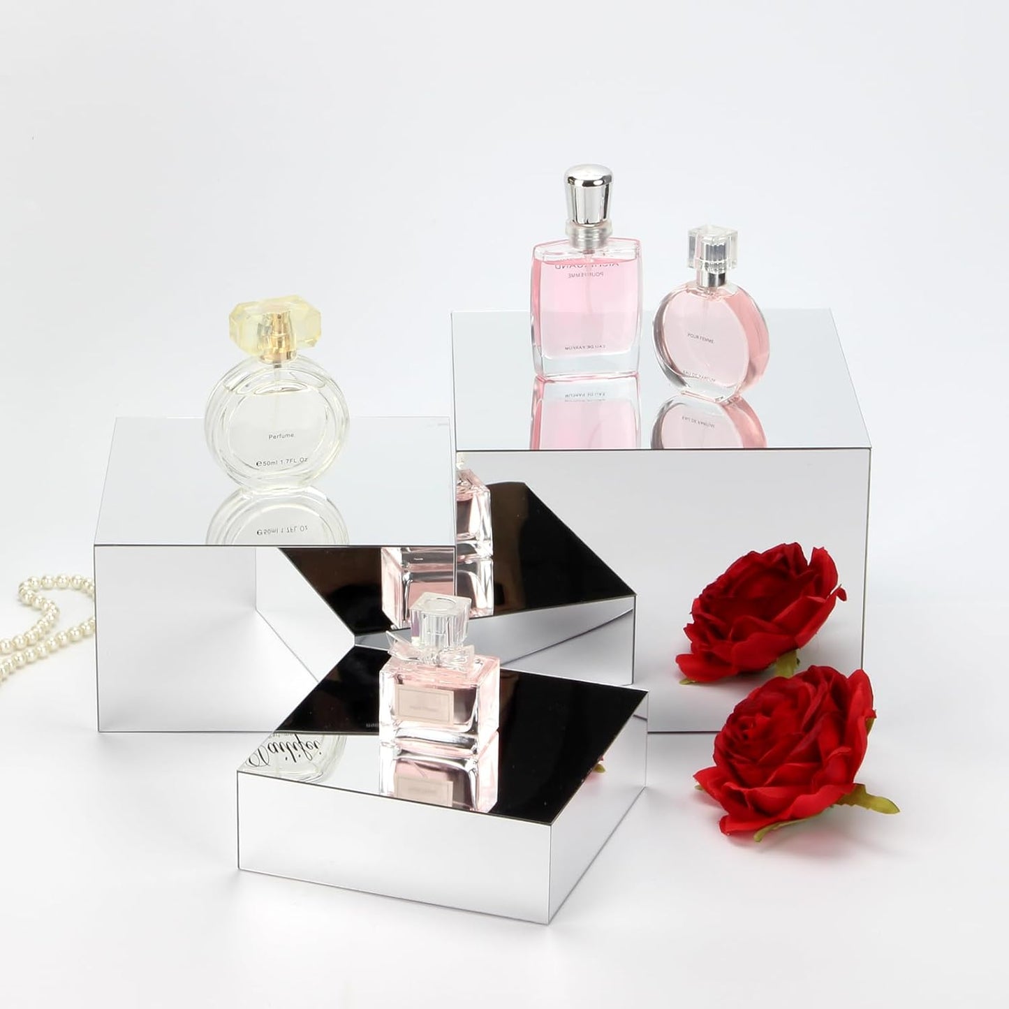 Acrylic Silver Mirror Display Riser, 3 Pcs Glossy Silver Risers for Display Food Display Lifter Nesting Display Risers Hollow Bottom, Acrylic Box Rack Perfume Cosmetics Collection Stand
