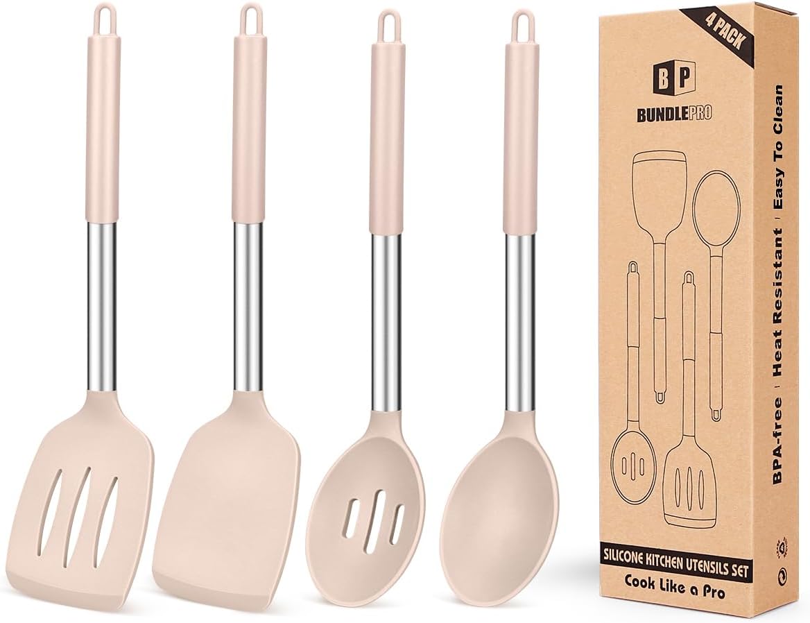 Pack of 4 Silicone Cooking Utensils Set, Non Stick Large Solid Spatulas, Heat Resistant Stainless Steel Khaki Slotted Spoons, Ideal BPA Free Kitchen Turners for Frying, Mixing,Serving,Draining,Turning