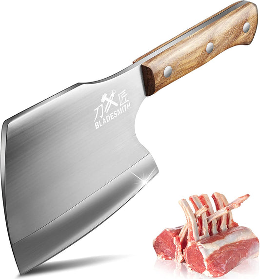 BLADESMITH Meat Cleaver Butcher Axe Bone Chopper Heavy Duty - 6.3'' Bone Cutting Knife Bone Breaker, Stainless Steel Thicken Blade & Pear Wood Handle, Slaughterhouse Looks Manly,2025 Gifts
