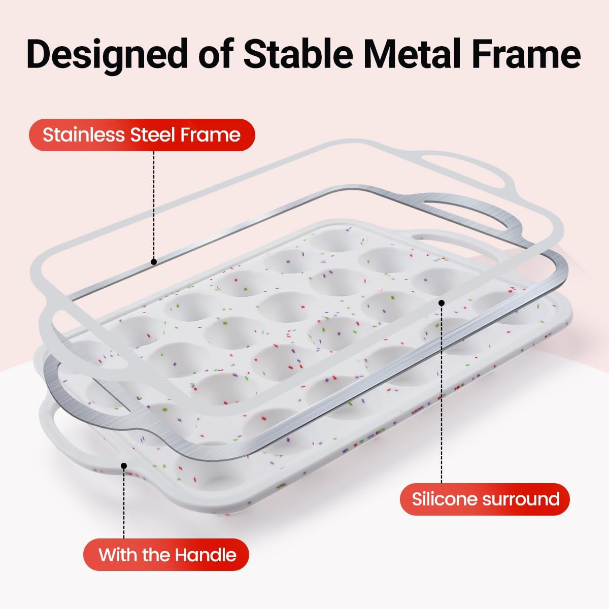 CAKETIME Mini Muffin Pan,Metal Reinforced Frame Silicone Cupcake Pan，Easy To Handle Nonstick 24 Cups Small Muffin Pan, White
