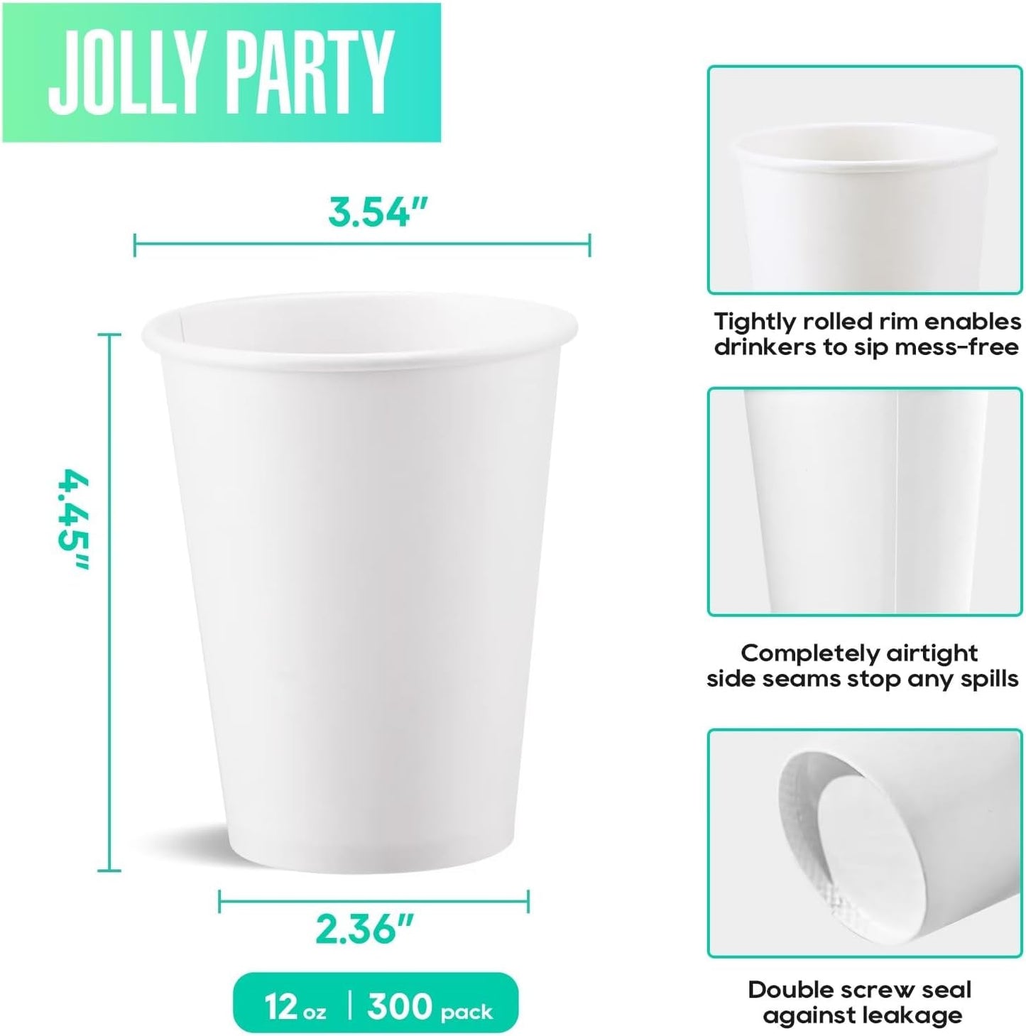 JOLLY PARTY 300 Pack 12 oz Disposable Paper Coffee Cup, Hot/Cold Beverage Drinking Cups for Water, White Paper Hot Coffee Cups