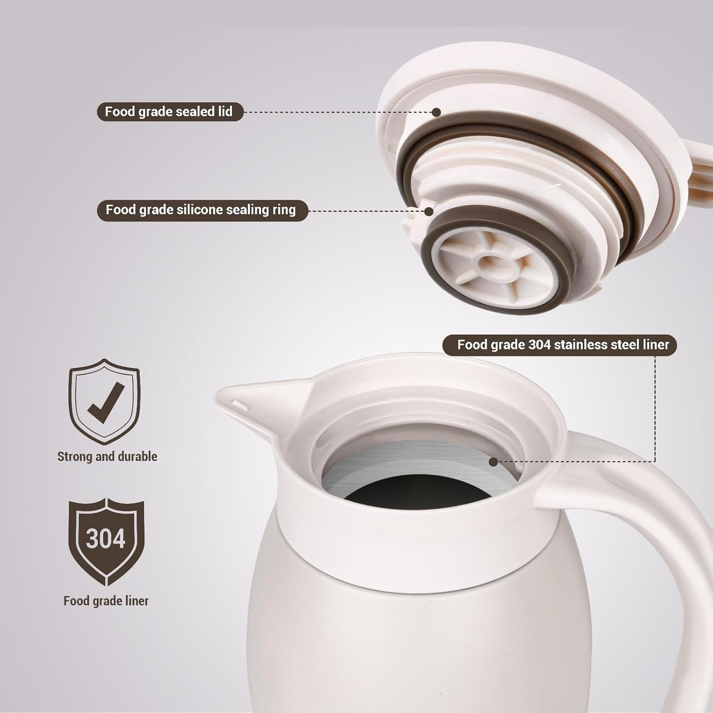 41 Oz Thermal Coffee Carafe Stainless Steel Insulated Thermos Double Wall Vacuum Flask Leak-Proof Thermos for Travel Office School Party Camping Use-Milk rice white