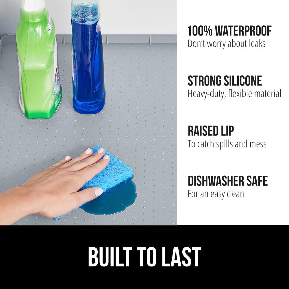 GORILLA GRIP Waterproof Silicone Under Sink Mat with Raised Lip for Kitchen and Bathroom, Cabinet Shelf Liner Stay in Place Mats Dishwasher Safe Drawer Liner, Organizer Tray, 19 x 34 in, Light Grey
