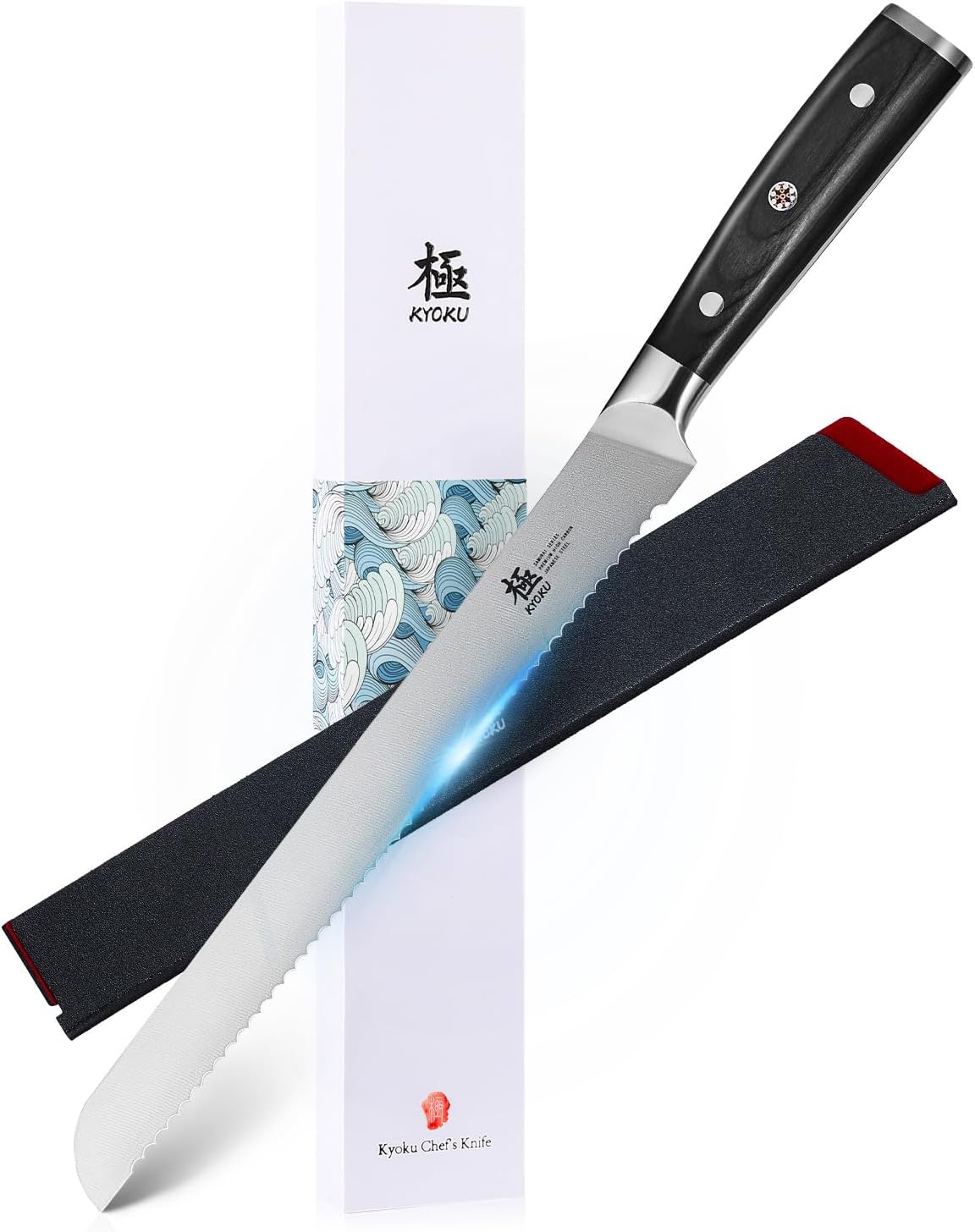 KYOKU 10" Serrated Bread Knife, Samurai Series Serrated Knife for Homemade Bread Pastries with Pakkawood Handle, Japanese High Carbon Steel Cake Knife, Full Tang Bread Cutting Knife with Sheath & Case
