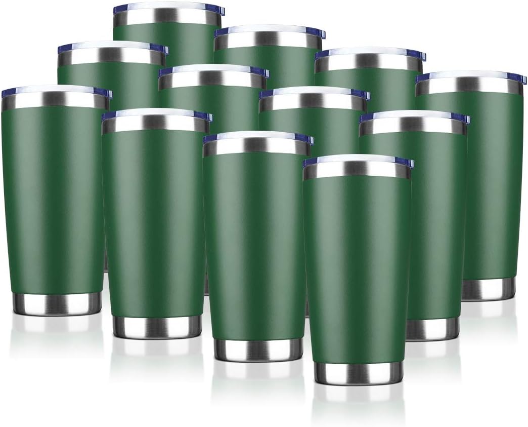 20oz Tumbler Bulk Stainless Steel Vacuum Insulated Tumblers with Lid Double Wall Travel Mug,Powder Coated Coffee Cup, Suitable for Ice Drinks and Hot Beverage (Dark green 12pack)