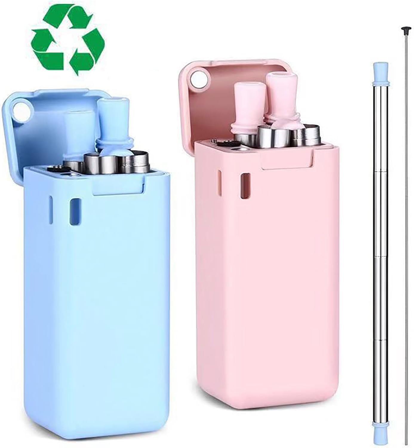 Foldable Straw with Storage Box, Reusable Folding Stainless Steel Straw, Portable Collapsible Set with Silicone Tip and Cleaner Brush for Travel Home Work (pink)