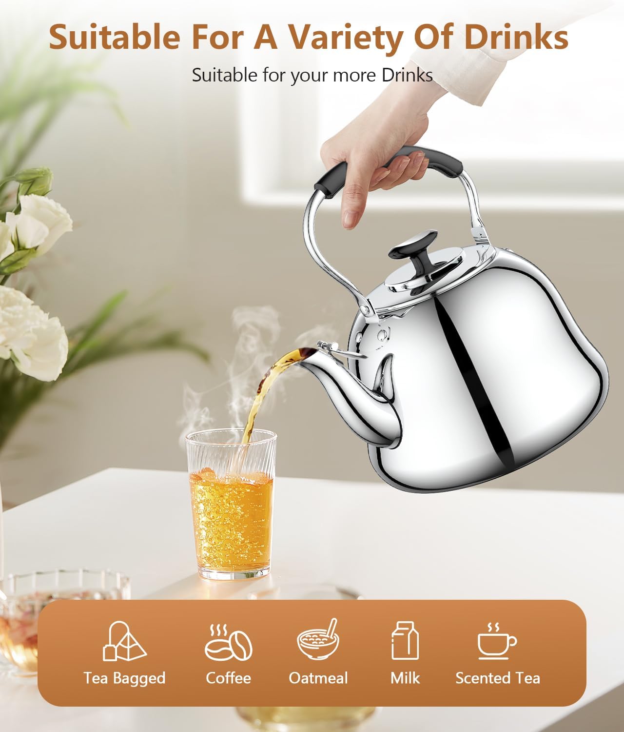 2L Whistling Stovetop Tea Kettle - Food Grade Stainless Steel Teapot with Fast Boil, Wide Mouth, Anti-Scalding Handle, Ideal for Stove Top – Perfect for Tea, Coffee & Hot Water