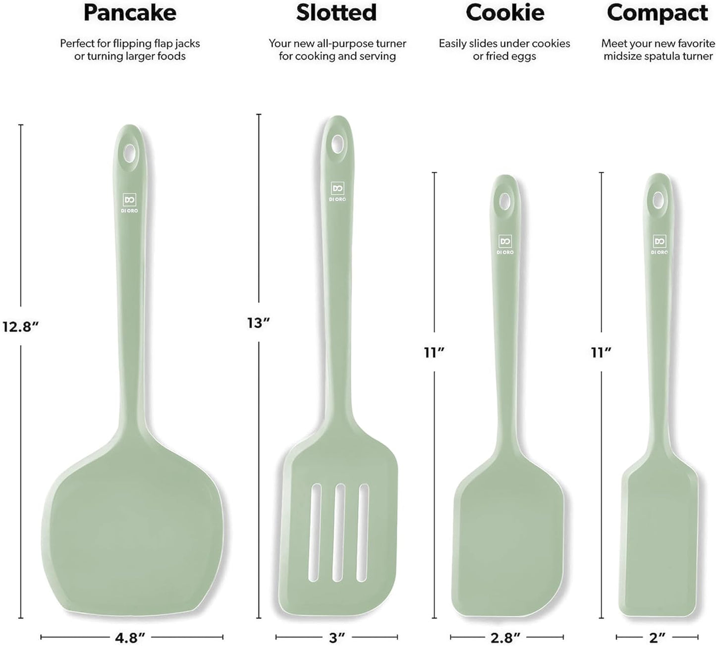 New DI ORO Silicone Turner Spatula Set - Kitchen Spatulas for Nonstick Cookware - Cooking Utensils for Flipping Eggs & Pancakes - 600°F Heat-Resistant BPA Free Turners - Dishwasher Safe (4pc, Sage)