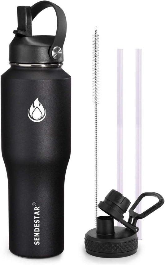 SENDESTAR Water Bottle 32oz,2 Lids(Straw lid),Wide Mouth Stainless Steel Vacuum Insulated Double Wall Keep Liquids Cold or Hot All Day,Sweat Proof Sport Design,Fit Car Cup Holder(Black)