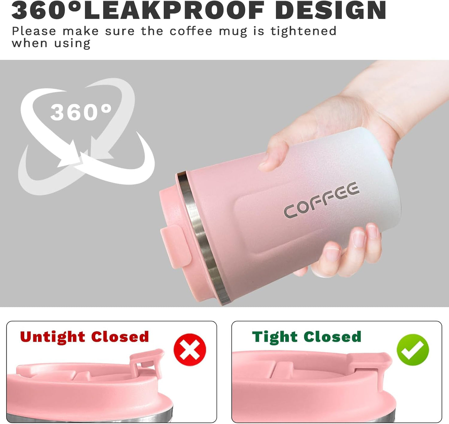YINBAOGE Insulated Travel Coffee Mug Spill Proof Leak Proof Pobtable To Go Camping Stainless Steel Coffee Tumbler Reusable Coffee Cups with Lids Thermos for Hot and Cold Drink (2nd-Pink White, 17 OZ)