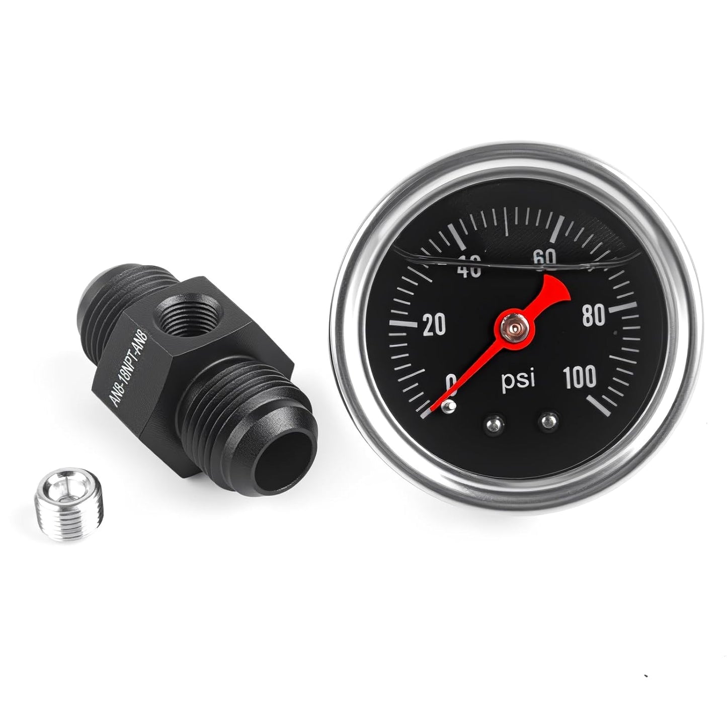 Universal 0-100psi Fuel Pressure Gauge 1/8" NPT Oil Press Gauge with 8AN Male Flare to -8 Female Swivel Fuel Pressure Take Off Fitting Adapter