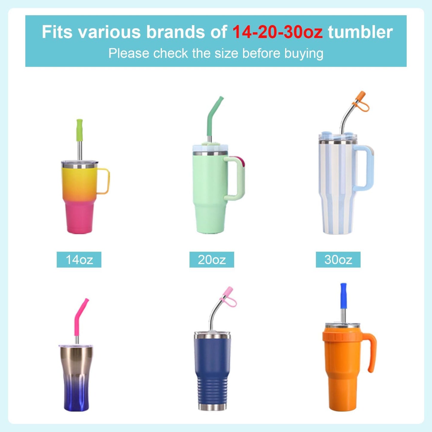 Reusable Stainless Steel Straws Set 6 PCS with 6 Silicone Tips, 2 Straw Brush, 1 Storage Case, Different Sizes of Metal Straws Reusable, Suitable for 14, 20, 30 oz Cups Tumbler，for Hot/Cold Drinks