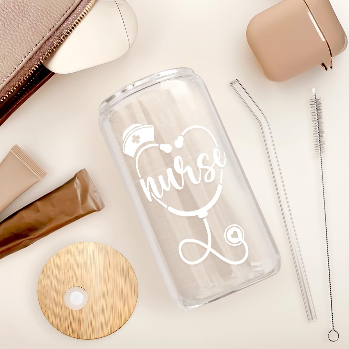 SANDJEST Nurse Glass Can, Nutrition Facts Cup with Lid & Straw, Iced Coffee Aesthetic Cups, Idea Gift for Christmas Birthday Nurse Week, Gifts for Women, 16oz