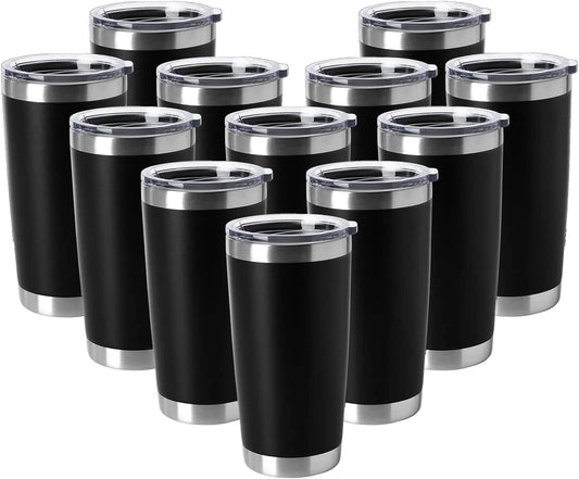 HASLE OUTFITTERS 20oz Tumblers Stainless Steel Mugs with Lid Double Wall Vacuum Insulated Coffee Cups for Cold & Hot Drinks (20oz-Black, 12 Pack)