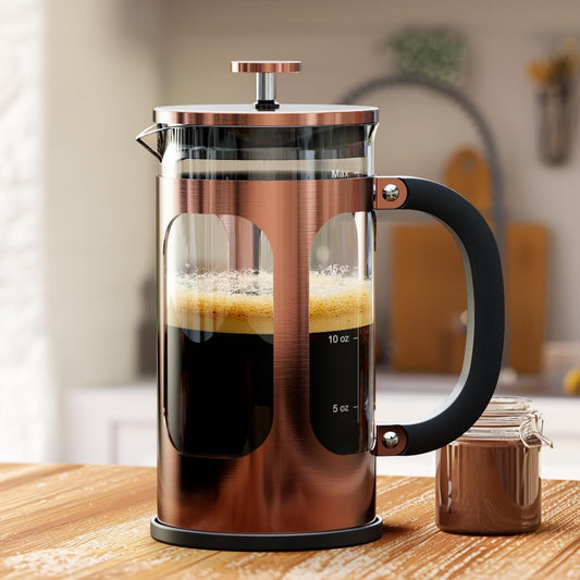 Veken French Press Coffee Maker 21oz 0.6 L, Heat Resistant Thickened Borosilicate Glass,Stainless Steel Brewer,Single Serve Small Pot, Cold Brew Cafetera Teapot for Kitchen Travel Camping, Copper