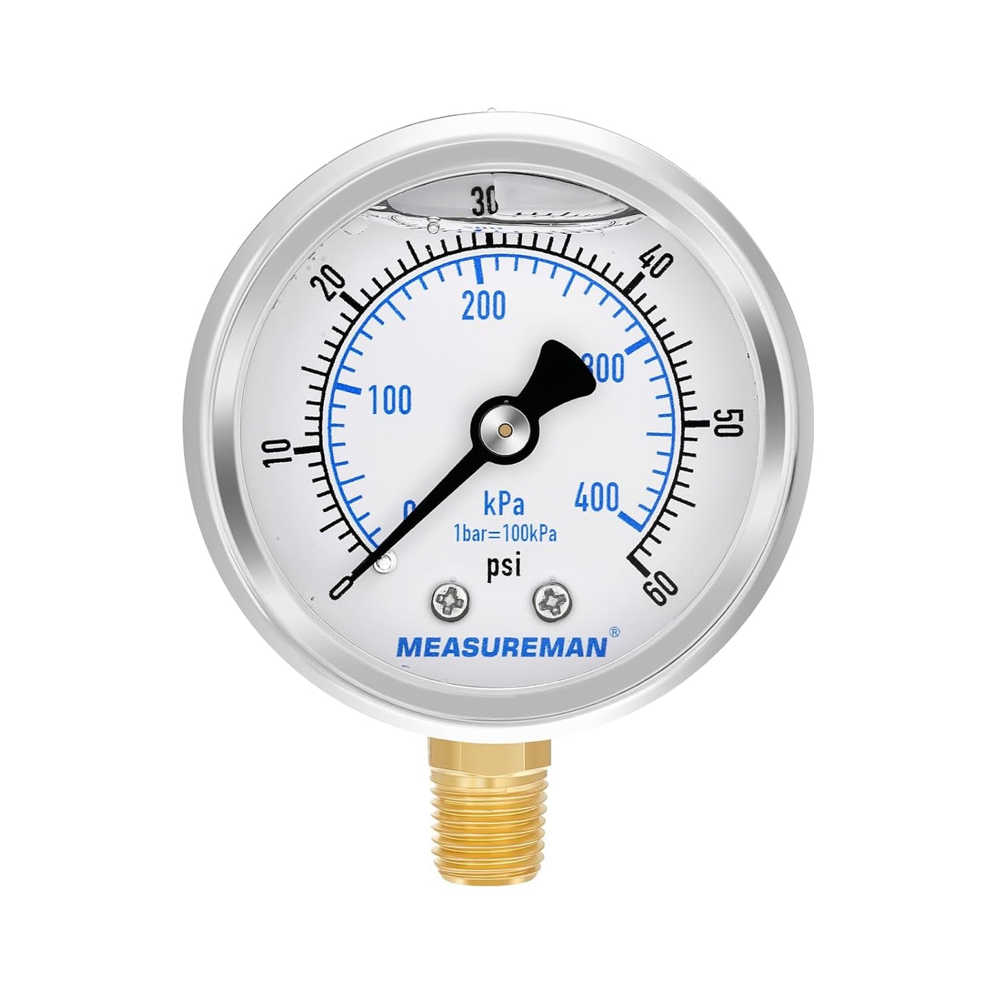 MEASUREMAN Pool Filter Pressure Gauge Replacement, 0-60 PSI, 2-inch Dial, 1/4 NPT Bottom Mount, Stainless Steel, Oil Filled, Waterproof