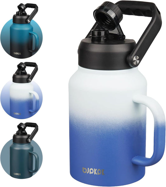 BJPKPK 64oz Insulated Water Bottle with Handle, Large Dishwasher Safe Half Gallon Water Bottle, BPA Free Water Jug, Wide Mouth Metal Water Bottle with Anti-slip Bottom, Keep Cold & Hot, Sky