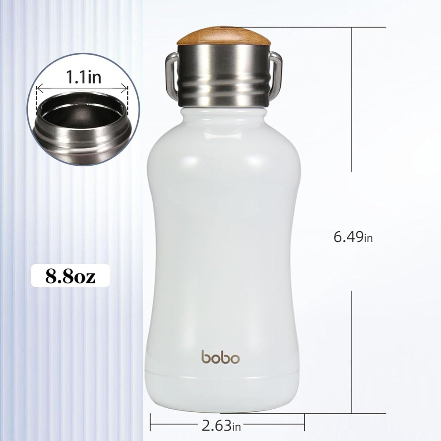 YOHKOH Mini Insulated Water Bottle With Bamboo Lid - 8.8oz Small Vacuum Insulated Water Bottle for Women Kids, 12 Hrs Hot & 24 Hrs Cold Stainless Steel Thermos Leak-Proof BPA-Free (8.8oz,White)