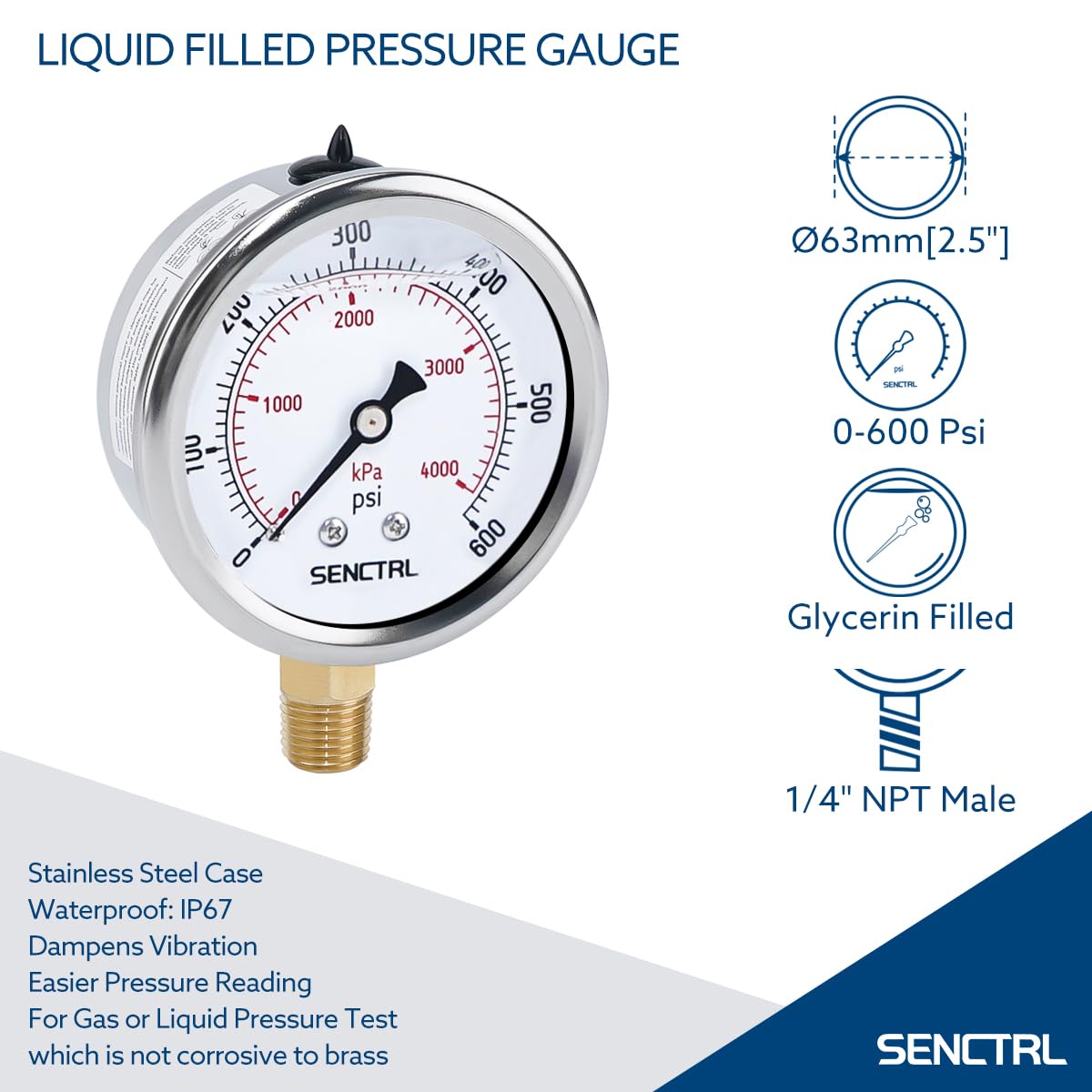 SENCTRL 0-600 Psi Glycerin Liquid Filled Pressure Gauge, 2.5" Dial Size, 1/4" NPT Lower Mount, Stainless Steel Case, for Air Gas Water Oil Hydraulic Pressure Test