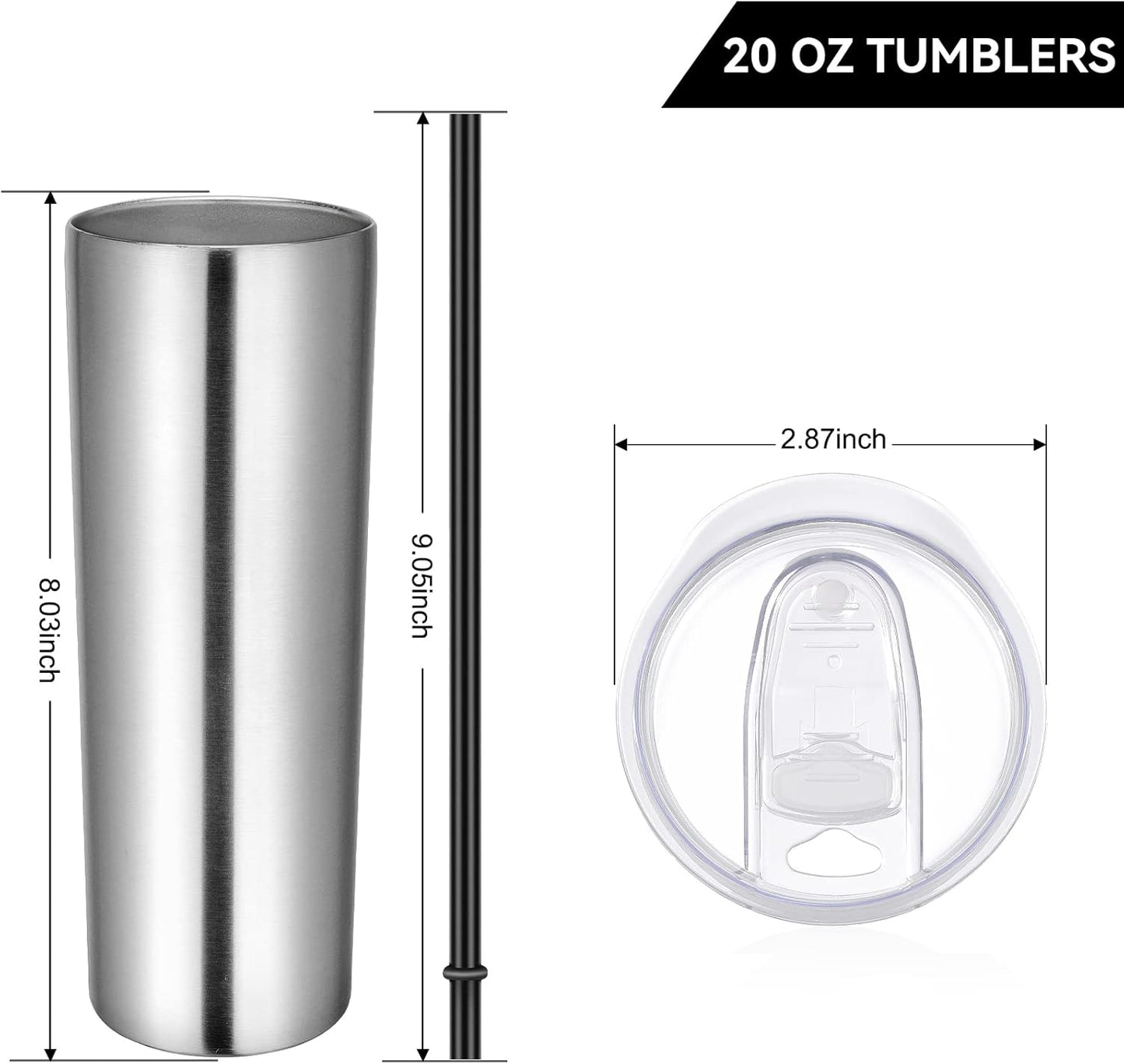 VEGOND Stainless Steel Skinny Tumbler, 20 oz Vacuum Insulated Tumbler with Lid and Straw, Double Wall Coffee Cup, Travel Mug for Cold Hot Drinks, Stainless Steel 1 Pack