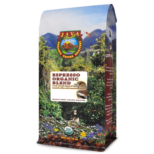 Low Acid Organic Coffee – Whole Bean, Mold-Free & Stomach Friendly by Java Planet, Espresso Blend Coffee, Dark Roast, Smooth Full Flavored, 1LB Bag