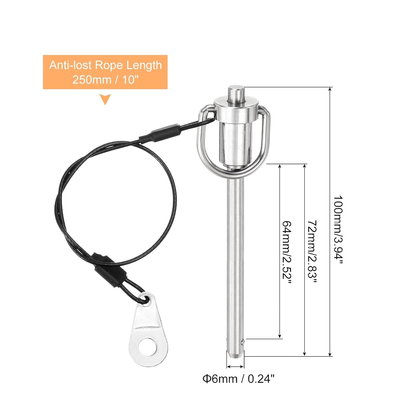 uxcell 1 Pcs Quick Release Pin, 6x64mm/1/4" x 2.52"(Dia. x L) Push-Button Ball Locking Pin 304 Stainless Steel Ring Handle Locking Pin with Wire for Audio Bimini Top Marine, Silver