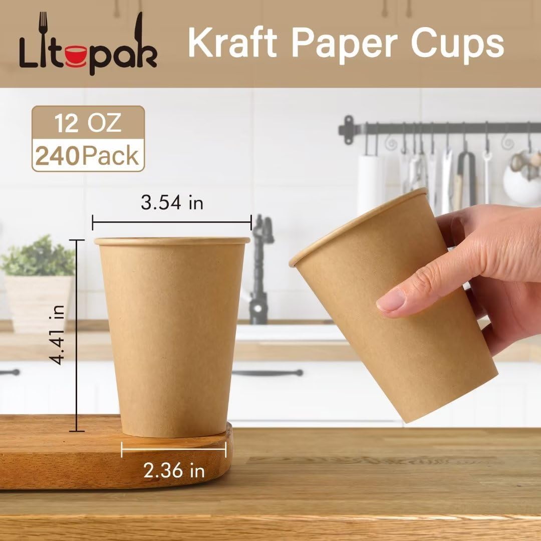 LITOPAK 240 Pack 12 oz Paper Cups, Kraft Hot Coffee Cups, Beverage Disposable Drinking Cups, Hot Coffee Cups, Paper Coffee Cups for Water, Coffee, Juice, and Tea