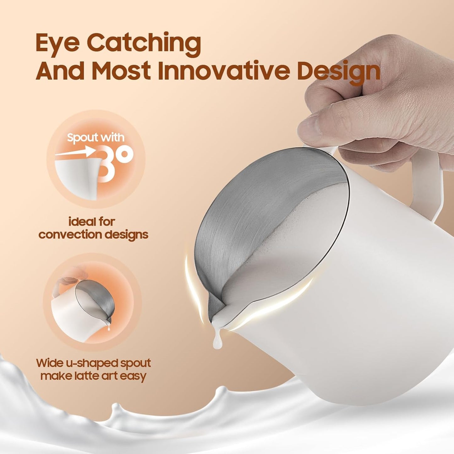 MHW-3BOMBER Milk Frothing Pitcher - 20oz/600ml Milk Frother Cup with U-Shaped Spout - SUS 304 Steaming Pitcher - Cappuccino Latte Art Cup for Barista - Quadrilateral Body - Glossy P5182-OS