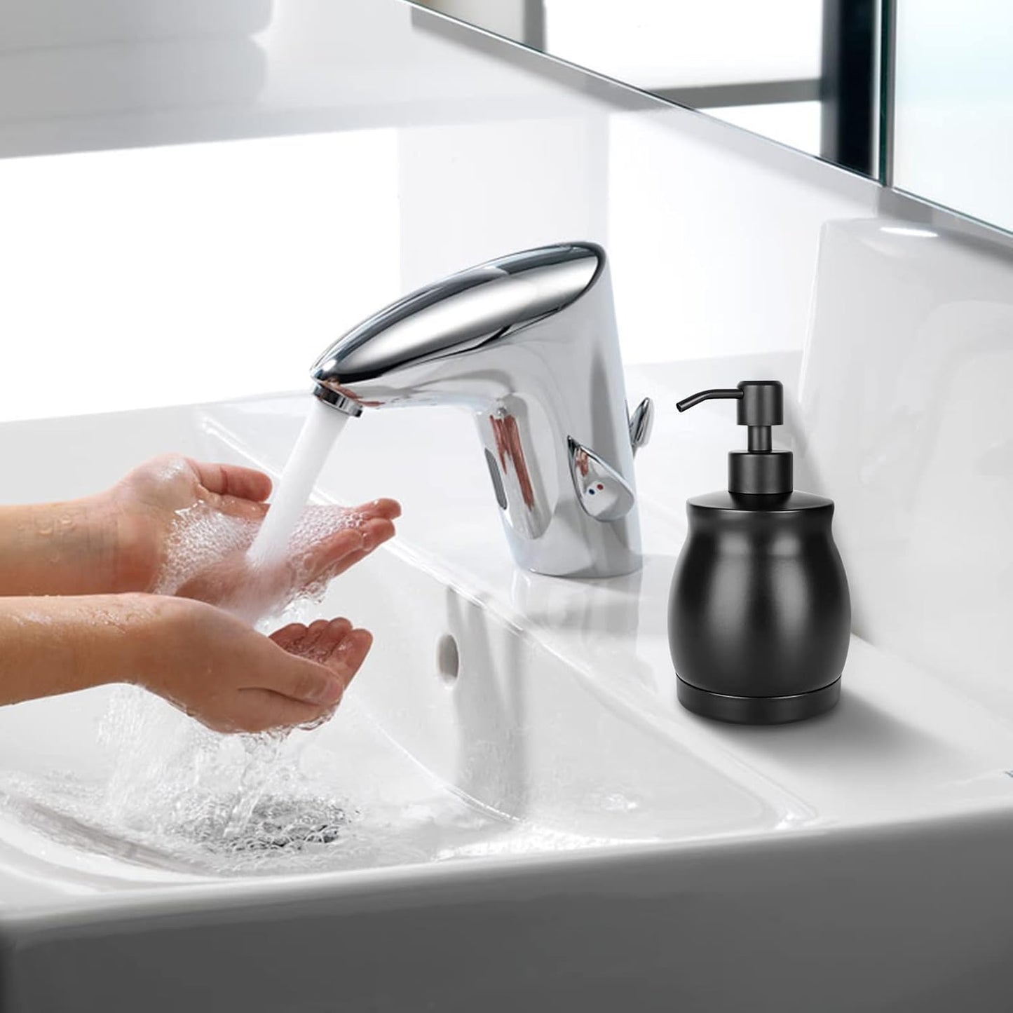 Black Stainless Steel Soap Dispenser, Modern Countertop Liquid & Lotion Dispenser for Kitchen and Bathroom-Rustproof Pump, Easy Refill & Clean-Elegant Home or Commercial Use (Black, 390ml)