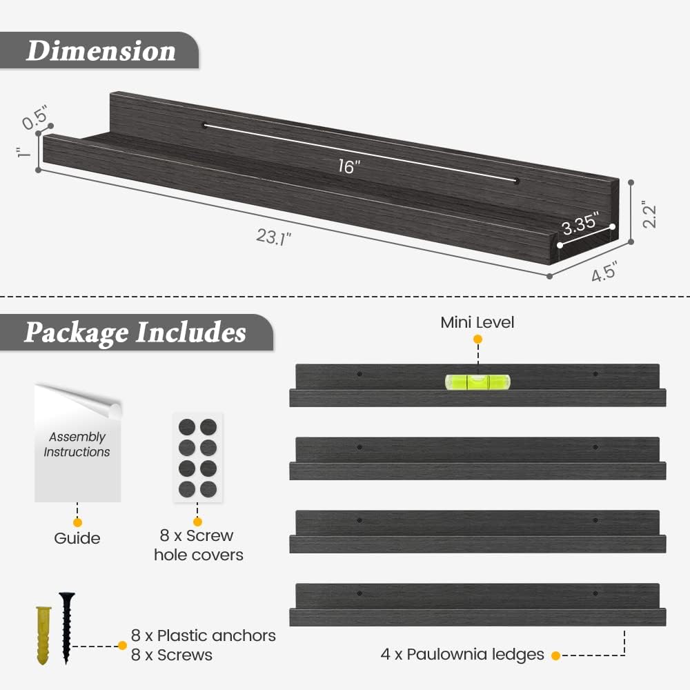 Forbena 24 Inch Long Picture Ledge Shelf Set of 4, Black Wood Floating Shelves with Lip for Wall, Rustic Display Shelves for Living Room Bedroom Bathroom Office Photo Frames Plants Books Art Decor