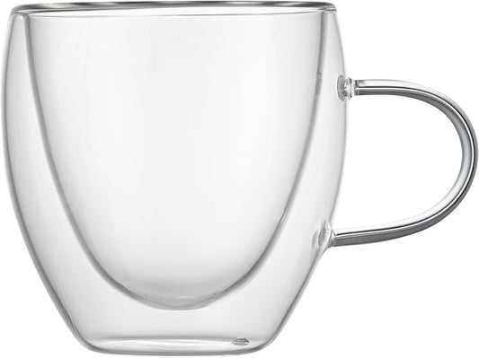 Restaurantware-Forma Professional 5.1 Ounce Glass Coffee Cups, 12 Insulated Coffee Cups With Handle - Dishwashable, Reusable, Clear Double Wall Beverage Tumblers, Freezable, For Hot Or Cold Beverages