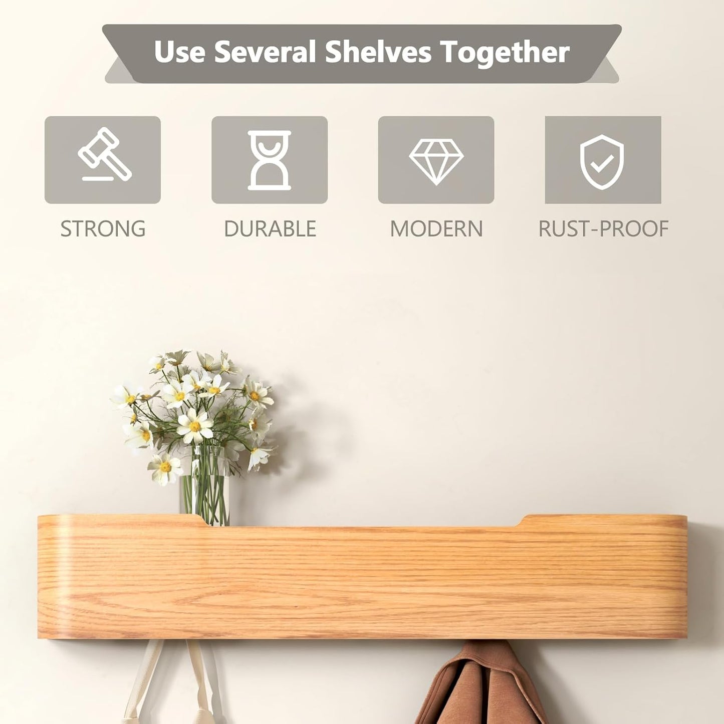 Coat Rack Wall Mount Entryway Organizer Modern Key Holder Wall Mount with Wooden Shelf Entryway Hooks for Bedroom Kitchen Hallway Bathroom for Hanging Coats Hats Bags Towels