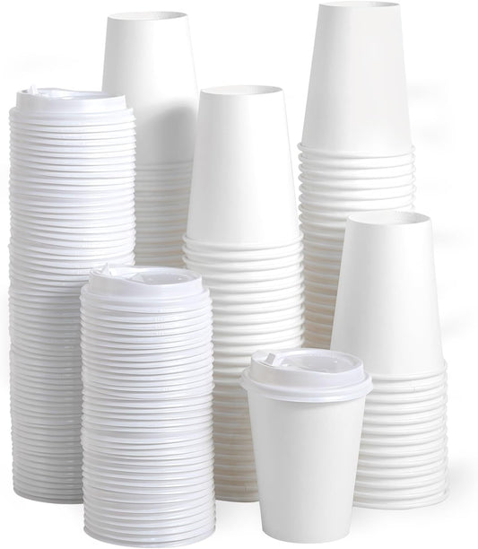 JOLLY PARTY [100 Pack] 12 oz Paper Coffee Cups, Disposable Paper Coffee Cup with Lids, Hot/Cold Beverage Drinking Cup for Water, Juice or Tea, Suitable for Home, Shops and Cafes