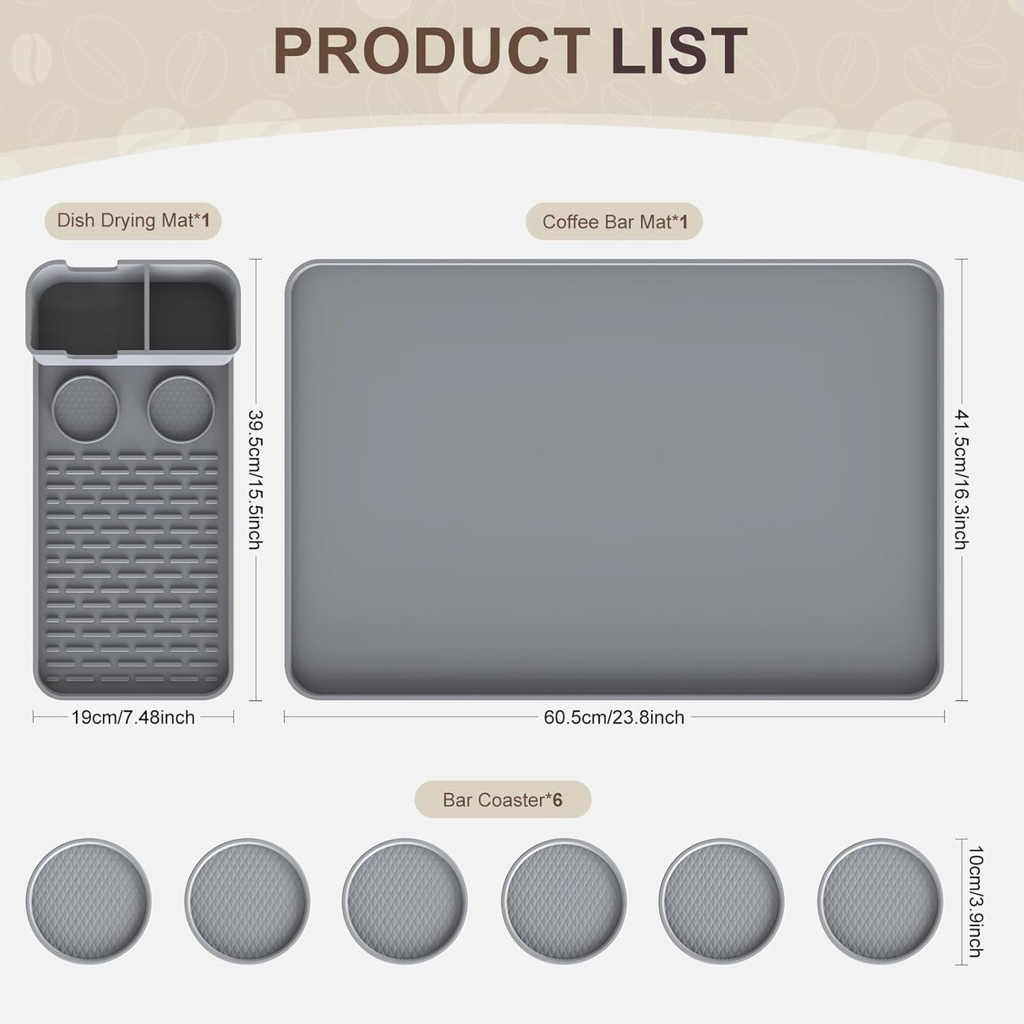 24''x16'' Silicone Coffee Mat with 6PCS Coasters,Counter Bar Mat with Detachable Dish Drying Mat for Kitchen Countertops,Coffee Bar Accessories (Grey, 24 x 16 inches)