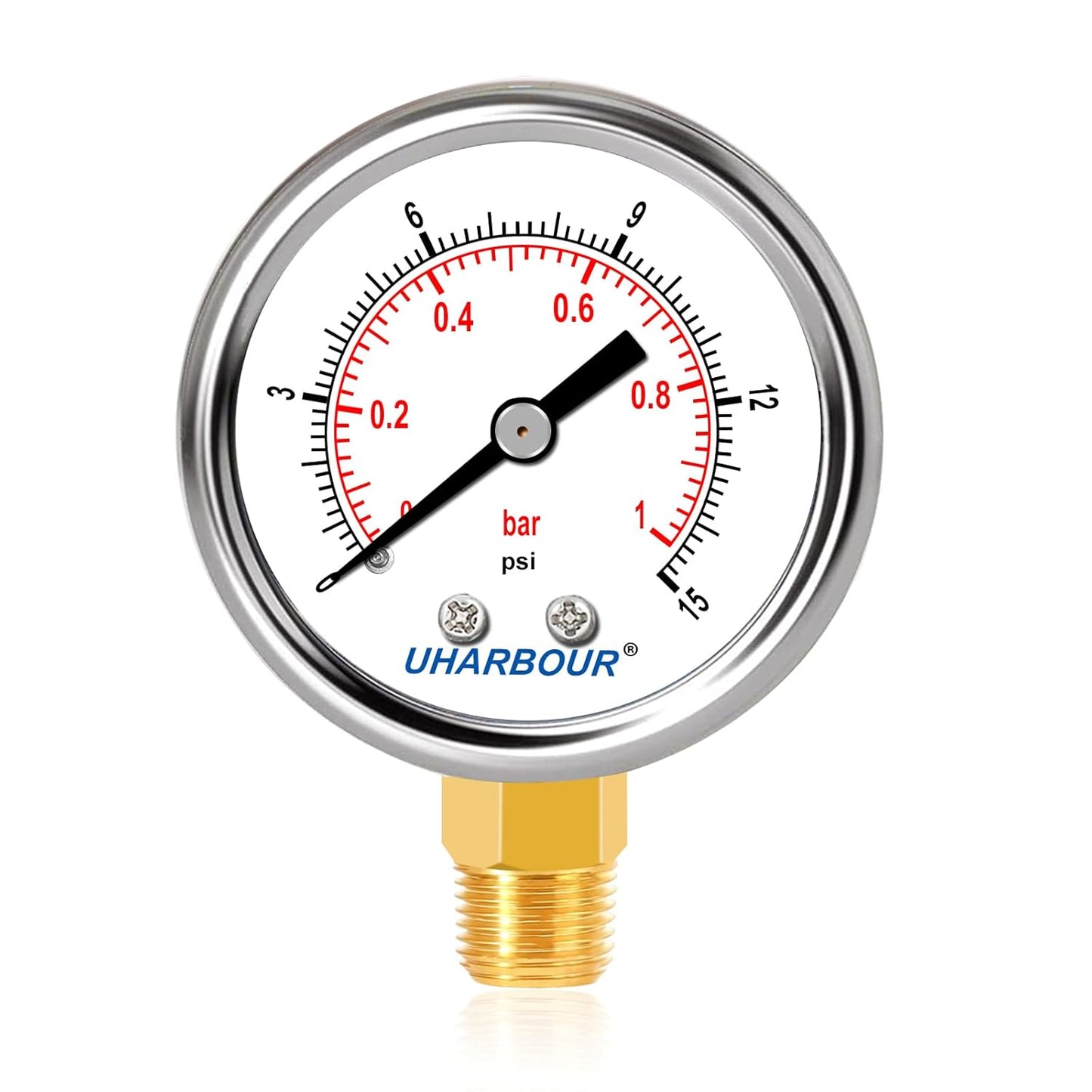 Lead-Free Water Pressure Gauge Liquid Filled 0-15Psi 2" Dial, Stainless Steel Case, 1/4" NPT Lower Mount, Water Pressure Gauge for Home