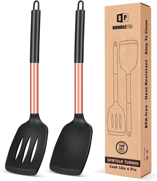 Pack of 2 Silicone Solid Turner, Non Stick Slotted Kitchen Spatulas, High Heat Resistant BPA Free Cooking Utensils, Ideal Cookware for Fish, Eggs, Pancakes(Rose Gold Black)