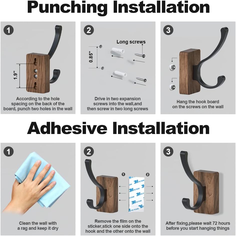 4 PCS Black Walnut Wood Wall Hooks Adhesive Mounted & Wall Mounted Rustic Decorative Entryway Hooks Mid Century Modern Natural Wooden Pegs for Hanging Coat Clothes Hat Bag Purse and Towel