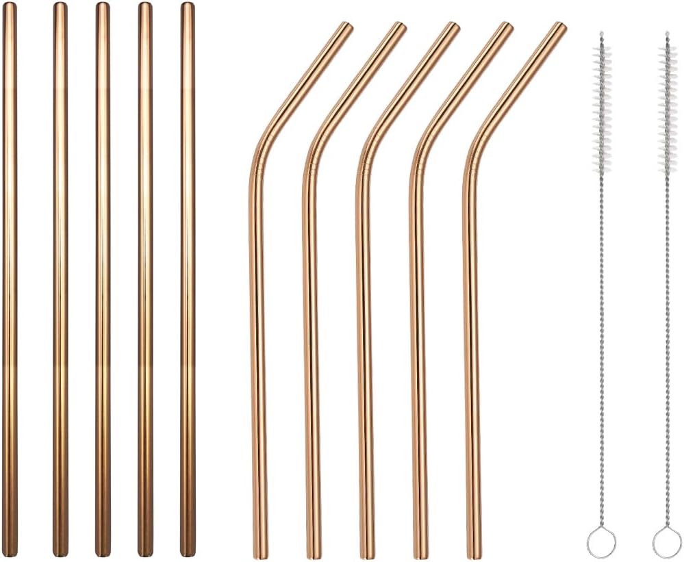 10 Pcs Stainless Steel Straws, Reusable Drinking Straws, 5 Straight + 5 Bent Metal Straws Set With 2 Pcs Cleaning Brushes (Rose Gold, 10.5 Inch)