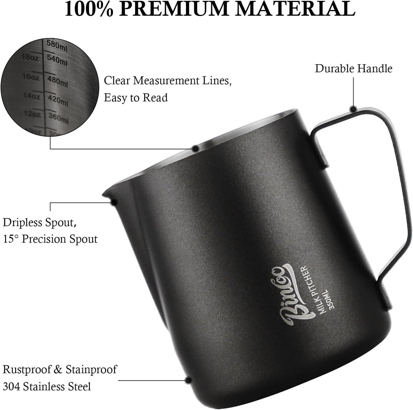 Milk Frothing Pitcher - 350ml/12oz Milk Frother Cup Espresso Steaming Pitcher for Barista, Bincoo SUS304 Stainless Steel Espresso Steaming Pitchers for Latte Art/Cappuccino/Coffee (Dark-Blue-350ml)