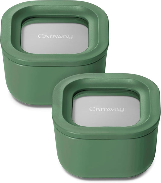 Caraway 2pc Glass Food Storage Set - 1.75 Cup Food Containers (2) - Non-Toxic Ceramic-Coated Glass - Air Release Technology - Compact & Stackable Design - Sage