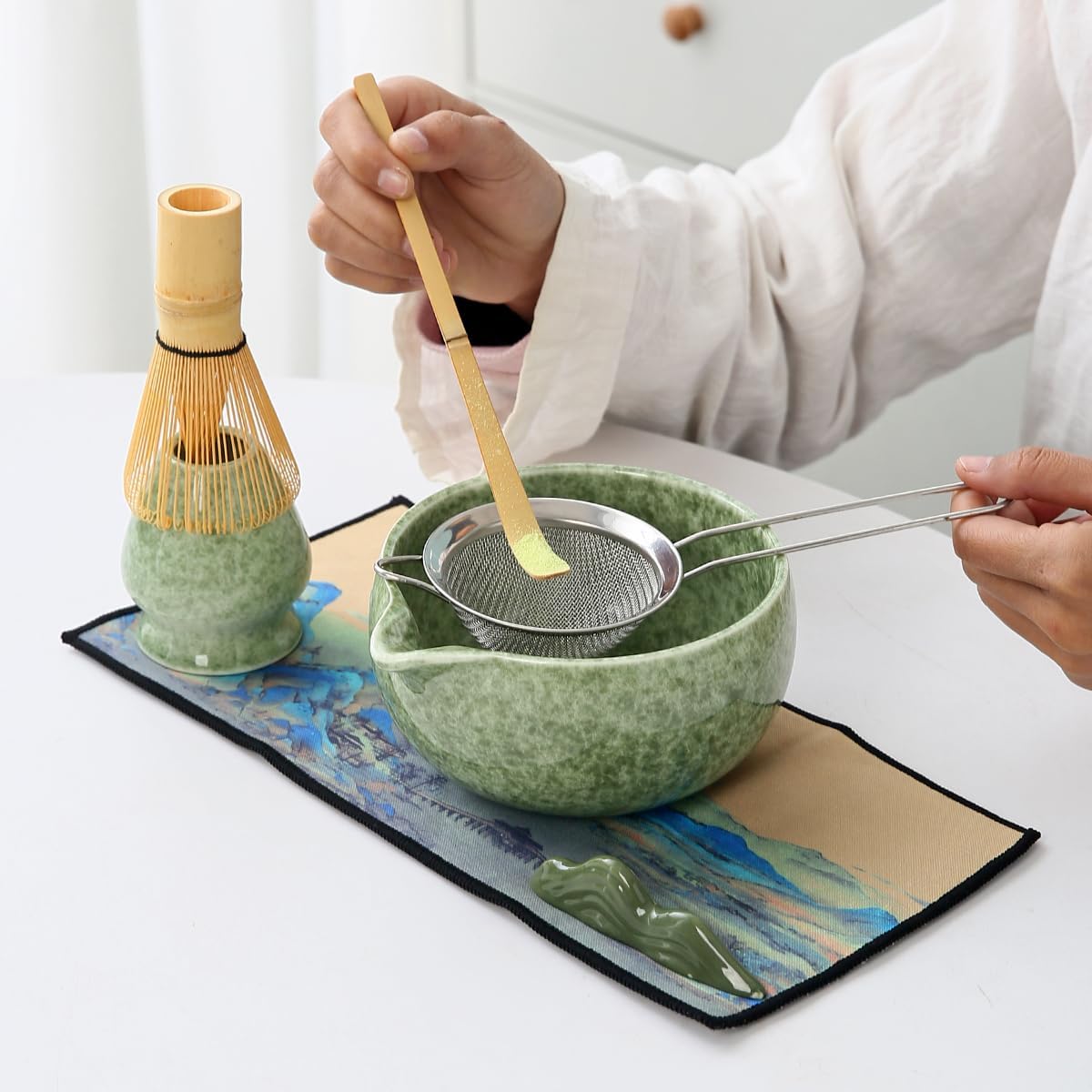 Matcha Set, 7 Pieces, Matcha Bowl with Spout, Whisk, Holder, Bamboo Scoop, Stainless Steel Sifter Matcha color
