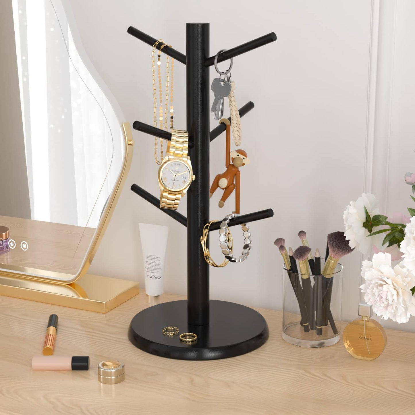 Wisuce Black Coffee Mug Tree Bamboo Mug Holder Coffee Cup Stand Mug Holders for Countertop Coffee Mug Rack Organizer Stand (Black Basic)