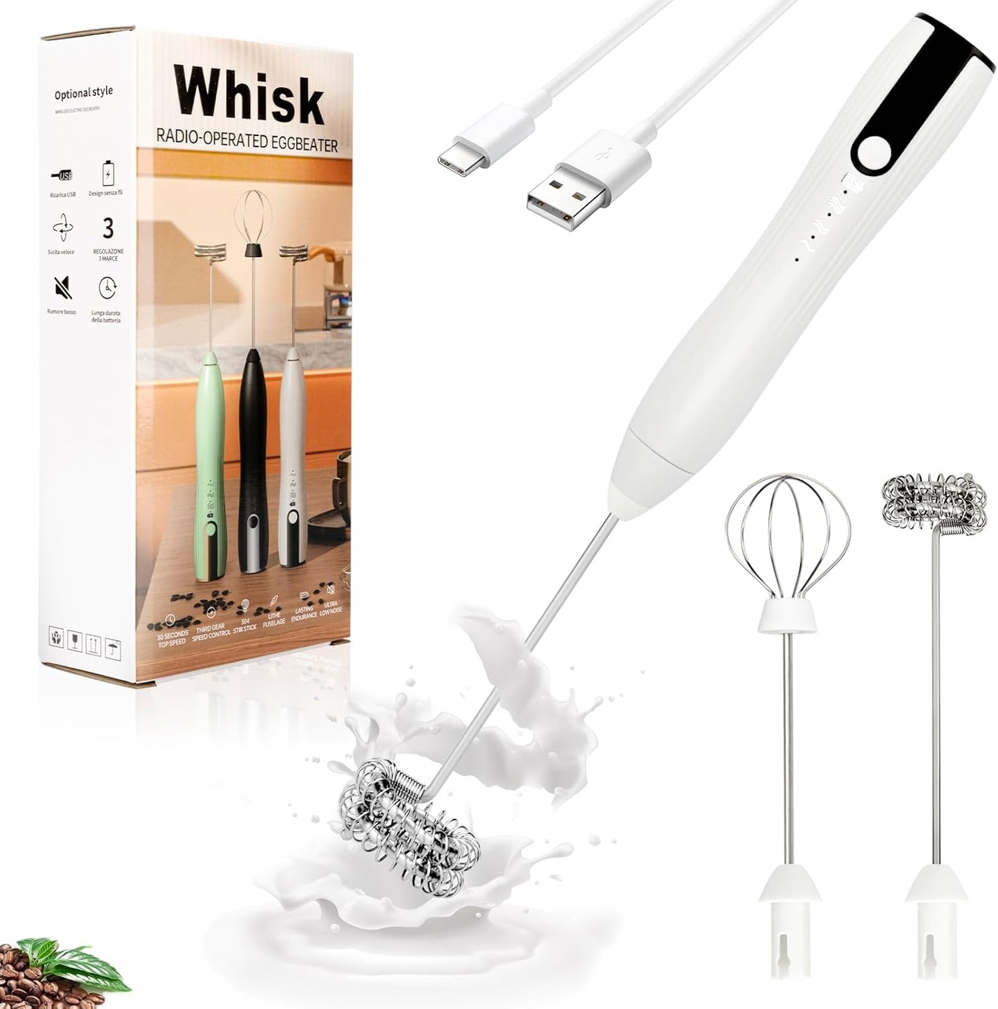 Double Whisk Milk Frother Handheld USB-C Rechargeable Electric Drink Mixer White,3 Speeds Adjustable Coffee Foamer Drink Whisk for Lattes, Matcha, Hot Chocolate, Egg, Matcha