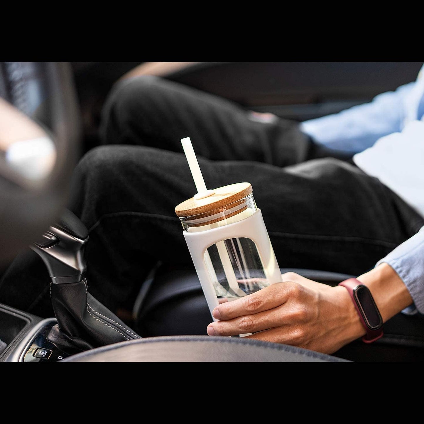 Kodrine 20oz Glass Water Tumbler with Straw and Lid, Bamboo Lids Water Bottle, Iced Coffee Cup Reusable, Wide Mouth Smoothie Cups with Protective Silicone Sleeve BPA FREE-Grey