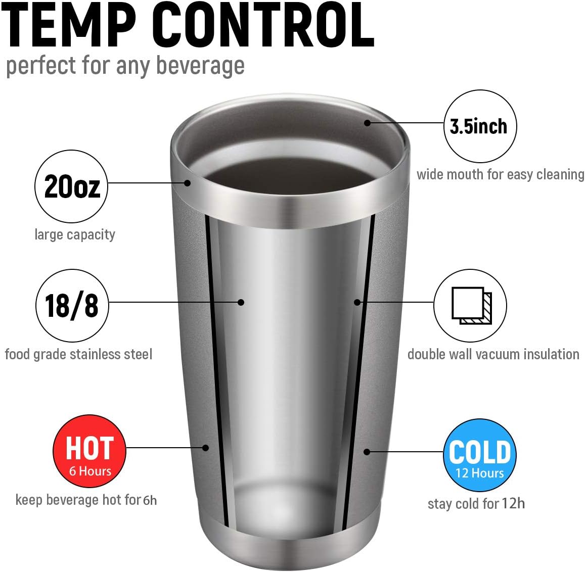 COMOOO 20oz/8Pack Tumbler Double Wall Vacuum Insulated Coffee Travel Mug Stainless Steel Tumbler with Lid and Straw Coffee Cup for Cold & Hot Drinks, Home and Outdoor (Cold Grey, 8 Pack)