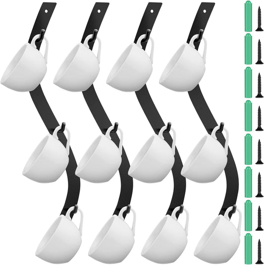 Sosation 4 Pack Coffee Mug Wall Rack Mounted with 12 Hooks S Curve Metal Coffee Cup Rack Wall Hanging Holder for Bar Kitchen Corner Station Decor Display